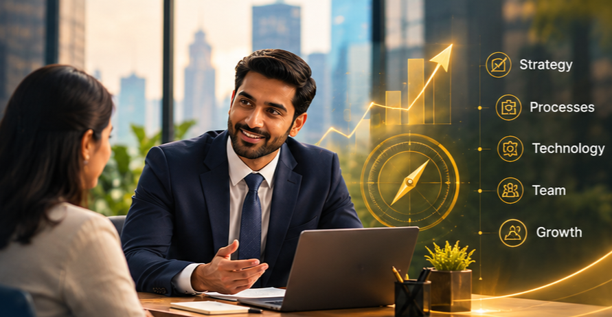 An advisor in a client meeting with Strategy, Processes, Technology, Team and Growth icons